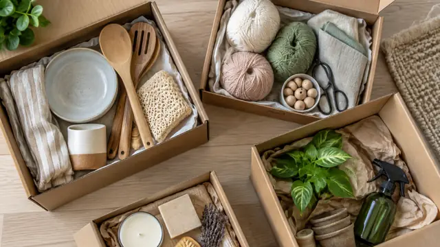 Overhead view of several open, plain subscription boxes holding unused, unbranded craft supplies and household items, with no text or logos visible.
