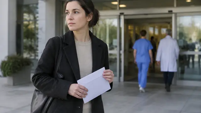 An adult holding an unmarked envelope outside a hospital entrance, with signage out of frame and no visible text, logos, brand names or readable screens.