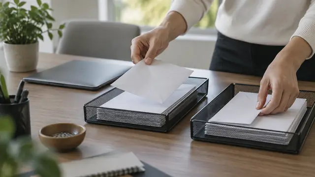 Hands moving plain envelopes between two document trays on a tidy desk, with a closed laptop in the background and no visible text, logos or screens.