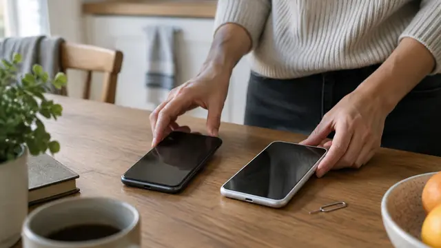 Two smartphones beside a SIM tray tool on a kitchen table, with hands organizing the devices in soft daylight and no visible branding or readable screens.