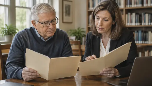 A retired adult carefully reviews two blank folders with a counselor in a quiet library meeting room, with no visible text, logos or readable screens.