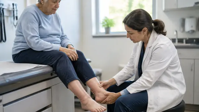 An older adult sits with mildly swollen ankles while a clinician examines them in a bright exam room.