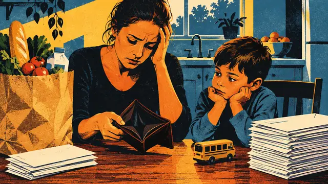 A single mother and school-age son sit at a kitchen table with an empty wallet, grocery bag, toy bus, and contrasting stacks of blank envelopes representing immediate and ongoing needs; bold screen-printed colors, without text or logos.