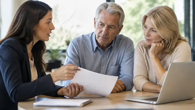 Adults from two generations meet with an adviser at a plain conference table in a realistic editorial photograph, with no visible text, logos or readable screens.