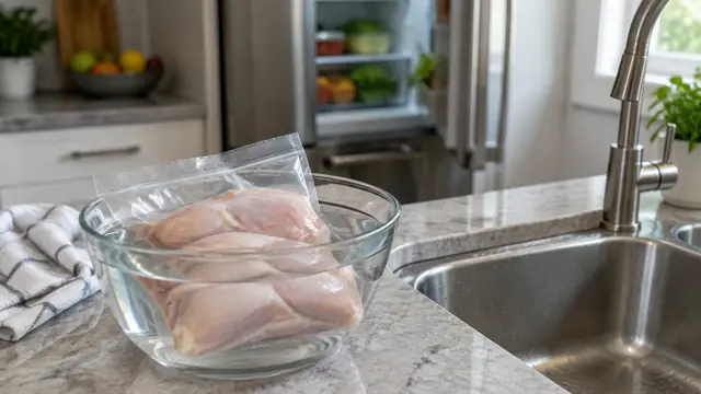 Sealed frozen chicken in a bowl of cold water beside a clean kitchen sink, with a refrigerator in the background.