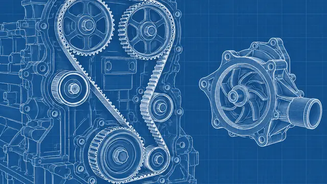 Technical blueprint-style engine cutaway showing a timing belt around clearly drawn pulleys and a separate water pump, in white linework on deep blue, without annotations, text, numbers or logos.