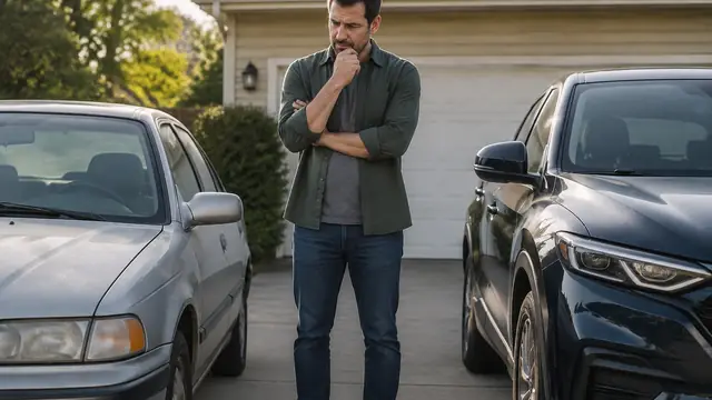 An owner stands thoughtfully between an older sedan and a newer vehicle in a driveway, with badges and license plates out of frame.