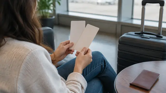 A seated traveler holds two plain cards with their faces turned away beside a closed passport holder, with no visible text, logos, brand names or readable screens.