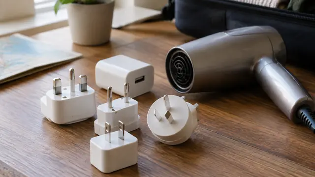 Several plain travel plug adapters beside an unbranded charger and hair dryer on a wooden tabletop, with specifications hidden and no visible text or logos.