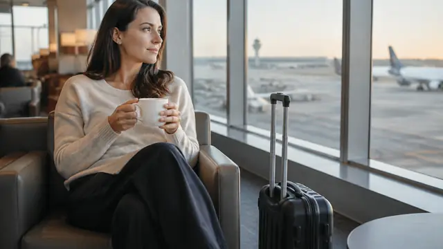 A traveler sits in a quiet airport lounge beside a small suitcase, with a simple cup of coffee.