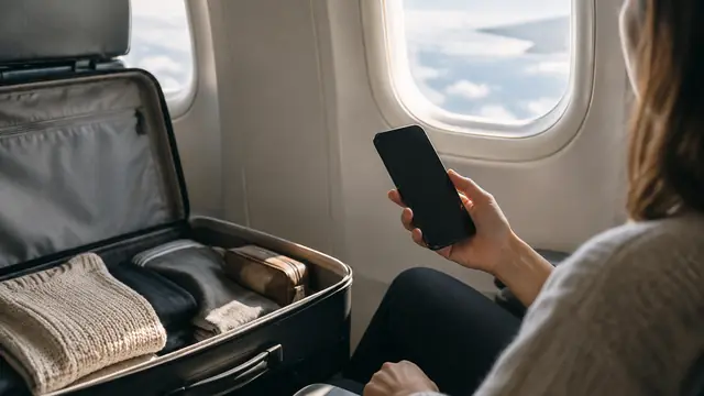 Traveler holding a smartphone beside an open suitcase and an airplane window, with the screen turned away and no visible text or logos.