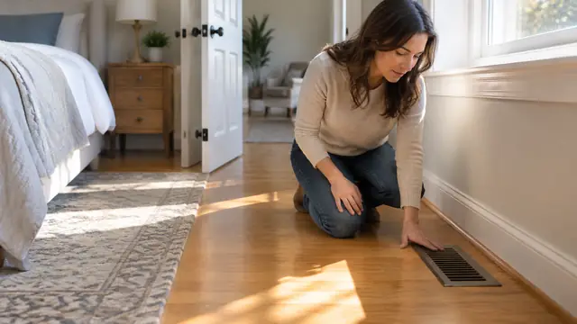 A homeowner inspects an unobstructed floor register in a sunny bedroom, with an open doorway and simple furnishings visible.
