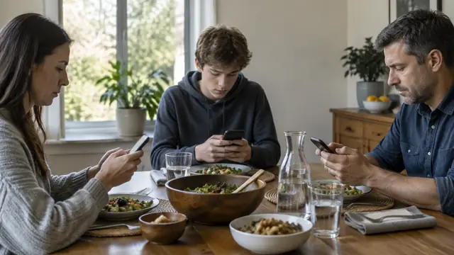Three family members use phones around a dining table, with devices angled away from the camera and no visible text, logos, brand names or readable screens.