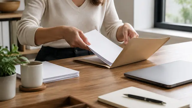 Hands placing papers face down into a folder beside a closed laptop on a tidy workspace, with no visible text, logos or screens.