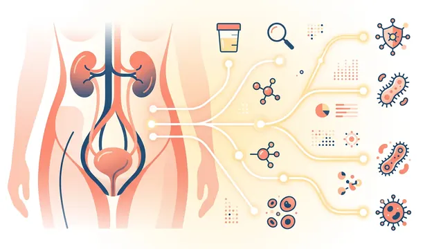 Medical editorial illustration showing the urinary system and branching diagnostic possibilities.