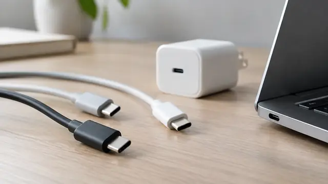 Several USB-C cables beside a compact power adapter and a laptop port, shown in close-up on a plain desk with no visible branding.