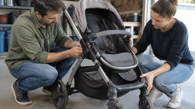 Two adults inspect the frame and fastening points of a plain secondhand stroller in a bright garage, with no child present and no visible branding.