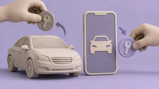 Tactile clay car beside a smartphone showing only a car silhouette; one clay hand removes an old key-shaped token, another inserts a new token. Soft lavender background, no text or logos.