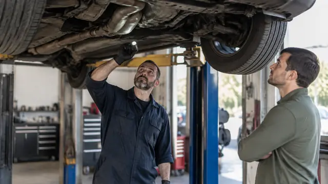An independent mechanic examines the underside of an unbranded used sedan on a shop lift while a buyer watches from a safe distance.