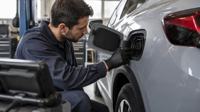 Technician inspecting an unbranded used electric car’s charging port in a well-lit workshop, with diagnostic equipment facing away and no readable screens.