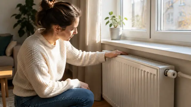 A resident checks a plain radiator beside a sunlit window in a modest apartment.