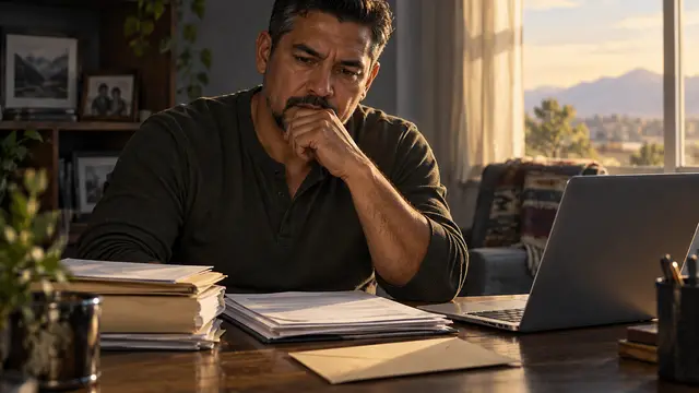 A middle-aged Latino veteran sits thoughtfully at a home desk with a laptop, plain medical folders, and an unmarked envelope before organizing his papers. Cinematic window light illuminates the scene; no screen text, words, logos, or military insignia appear.