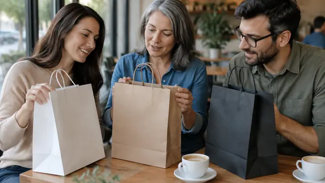 Three adults of different ages compare plain shopping bags at a cafe table, with no visible text, logos, brand names or readable screens.