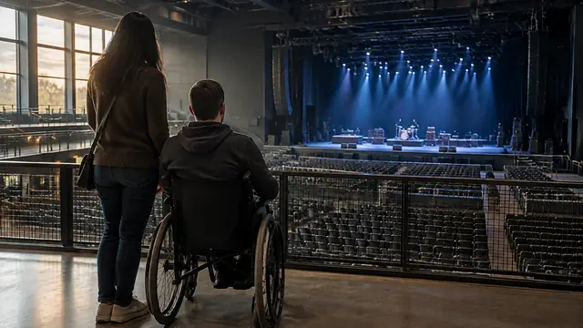 A wheelchair user and a companion look toward an empty stage from a spacious seating platform inside an indoor concert venue.