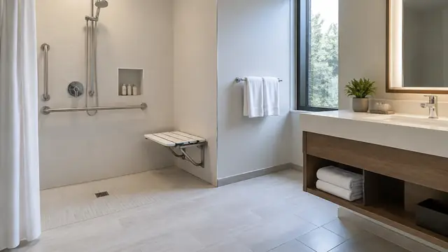 Spacious hotel bathroom with a roll-in shower, grab bars and open floor space, lit by neutral daylight.
