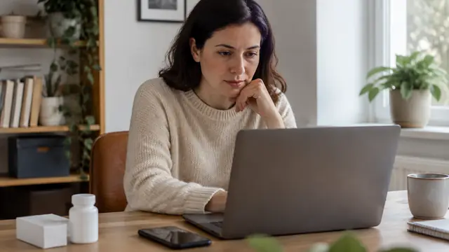 An adult sits at a laptop with its screen facing away, with a phone and a plain medicine parcel nearby in a home office.