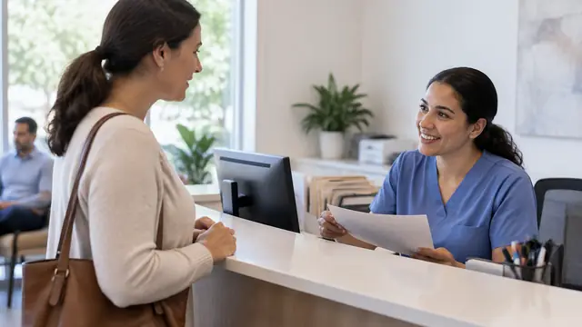 A patient speaks with a receptionist in an unbranded medical office, with paperwork facing away and no readable screens or visible logos.