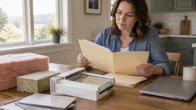 Homeowner at a kitchen table reviewing plain folders beside insulation and window samples, with a closed laptop nearby and no visible text or logos.