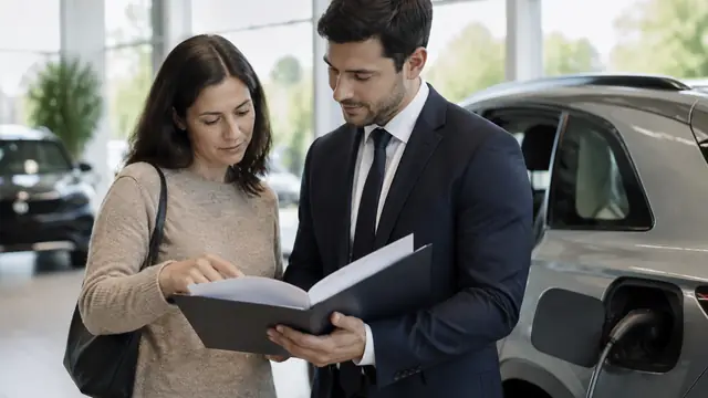 A buyer reviews paperwork with a sales representative beside an unbranded electric vehicle, with pages angled away so nothing is readable.