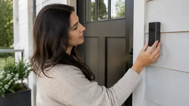 A homeowner checks the angle of an unbranded video doorbell on a front porch.
