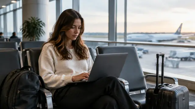 A traveler uses a laptop in a quiet airport seating area, with the display hidden from view and no visible text, logos or brand names.
