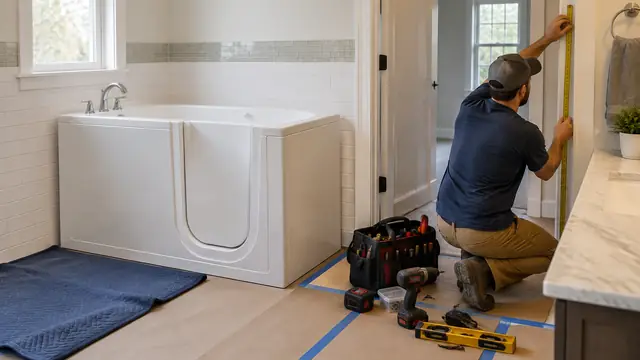 Bathroom installer measuring a doorway beside a compact walk-in tub awaiting installation, with protected flooring and neatly arranged tools.
