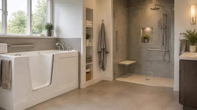 Accessible bathroom showroom with a walk-in tub and a separate curbless shower display, neutral finishes and soft lighting, with no visible branding.