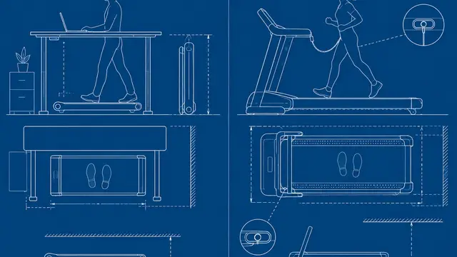 Text-free blueprint-style cutaway of a walking pad beneath a standing desk beside a treadmill with handrails. White shapes and lines on deep blue show belt footprints, storage clearance and safety-stop locations, without labels, dimensions, words or logos.