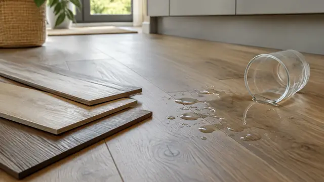 Unbranded flooring samples beside a spilled glass of water on a kitchen floor, with plank seams visible in close detail.