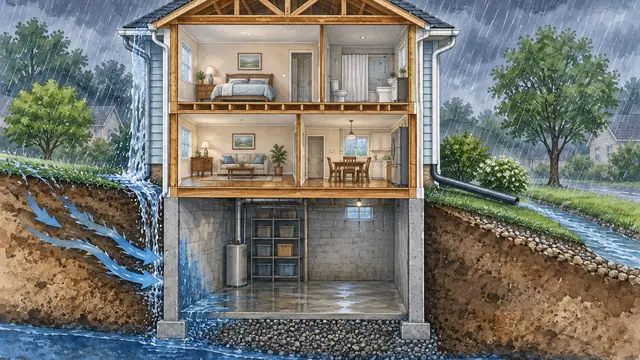 Detailed watercolor house cutaway in rain, showing overflowing gutters, sloping soil, water approaching a basement wall and a separately routed downspout, without text or labels.