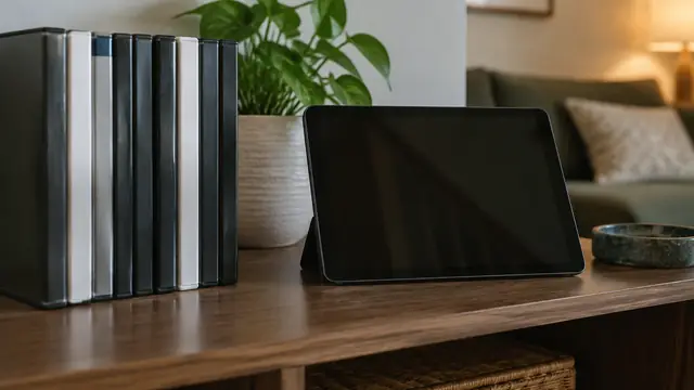 A home movie shelf with plain disc cases beside a tablet with its screen off, lit by warm living room light.