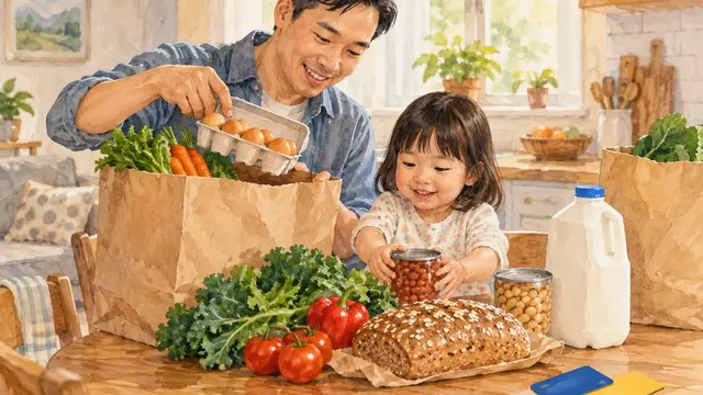 Warm watercolor illustration of a young Asian father and preschool child unpacking eggs, beans, whole-grain bread, vegetables, and plain milk containers at home, with two differently colored, unmarked benefit cards nearby. No text, words, or logos.