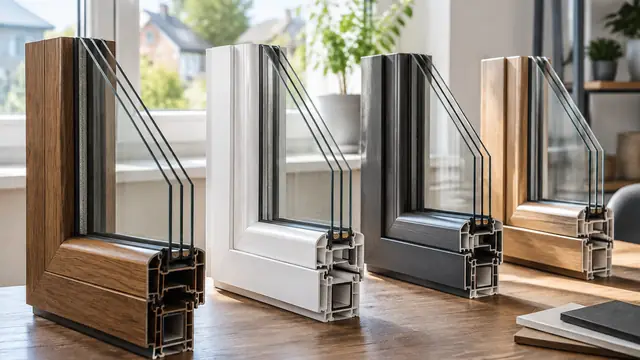 Unmarked insulated window cross-section samples on a worktable beside a bright residential window, showing detailed glass layers and frames.