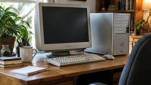An older desktop computer with its monitor switched off sits on a well-used home office desk, with no visible text, logos or brand names.