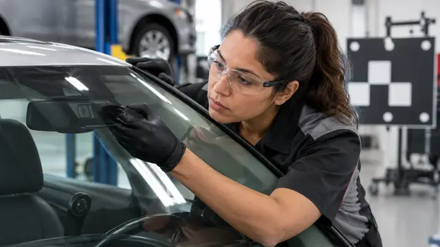A Latina automotive technician inspects the camera housing behind a replacement windshield in a bright, modern repair bay, with geometric calibration equipment softly visible behind her. Realistic documentary photography; no visible text or logos.