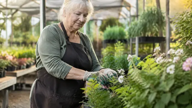 An older adult works part-time among plants in an unbranded nursery, with warm natural light and no visible text or logos.